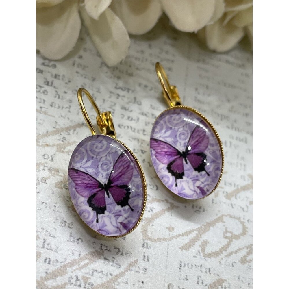 Purple Butterfly Gold Boutique Wire Earrings Wedding Bridal Gift Birthday Wife